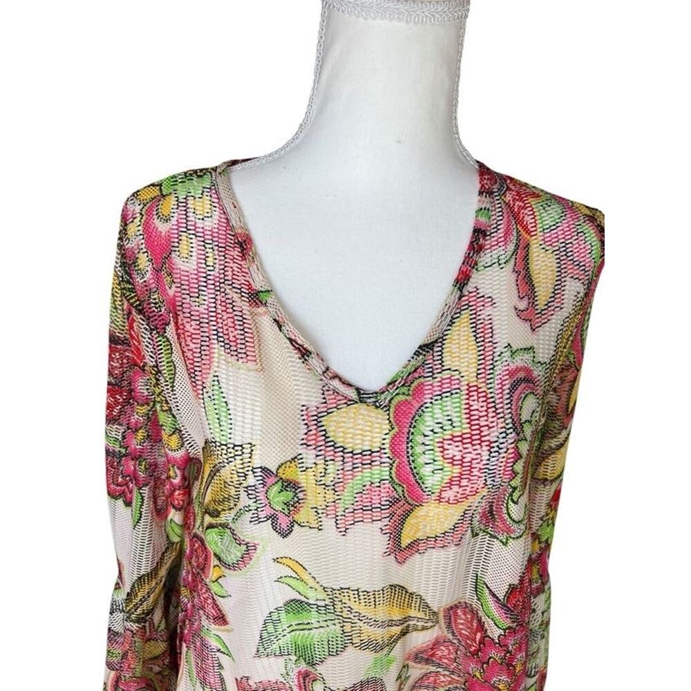 Dor Dor Couture Asymmetrical Hem Open Knit Mesh Long Bell Sleeve Floral Medium - Picture 3 of 8